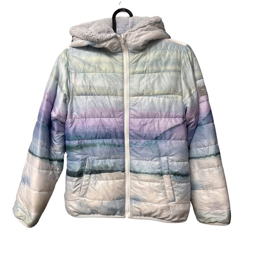 Abercrombie & Fitch Puffer Jacket Girl 9/10 Lilac Watercolor Reversible Cozy EUC